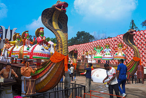 Workers adorn a ‘pandal’, themed on ‘Onam festival’, ahead of the ‘Durga Puja’, in Ranchi, Wednesday, Oct. 14, 2026. 
