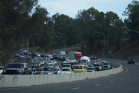 Traffic jams a roadway in San Juan Capistrano, California during the Norte Fire on Friday, Oct. 16, 2026. 
