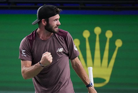 United States' Tommy Paul reacts during play against Russia's Daniil Medvedev in the men's singles quarterfinals match at the Shanghai Masters tennis tournament in Shanghai, China, Friday, Oct. 16, 2026. 
