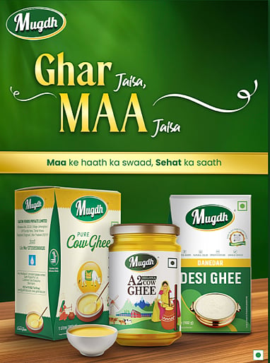 Mugdh ghee products displayed on a wooden table