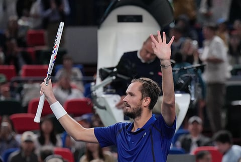 Russia's Daniil Medvedev celebrates after winning against United States' Tommy Paul after the men's singles quarterfinals match at the Shanghai Masters tennis tournament in Shanghai, China, Friday, Oct. 16, 2026. 
