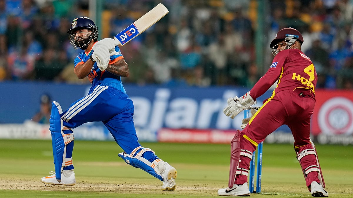 India's captain Shreyas Iyer plays a shot during the fifth T20 cricket match between India and West Indies in Bengaluru, India, Saturday, Oct. 17, 2026 - (AP Photo/Aijaz Rahi)