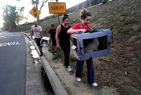 The Hagg family return home with their cats after the Norte Fire on Friday, Oct. 16, 2026, in San Juan Capistrano, California.
