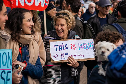 Protesters gather for a "No Kings" rally on Saturday, Oct. 17, 2026, in New York.