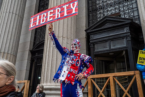 Protesters gather for a "No Kings" rally on Saturday, Oct. 17, 2026, in New York.