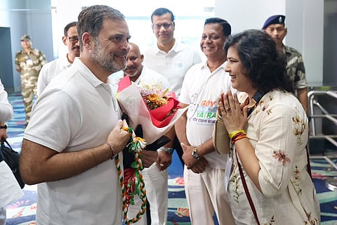 In this image posted on Oct. 18, 2026, LoP in the Lok Sabha Rahul Gandhi being greeted at Dabolim Airport ahead of his participation in the Goy Rakhonn Yatra from Calconda to Margao.
