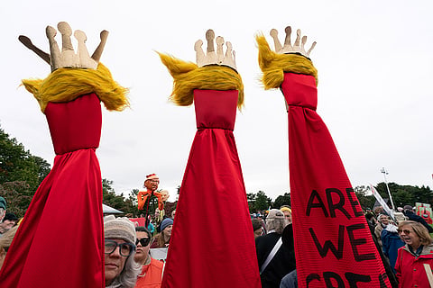 Demonstrators march to the Lincoln Memorial during a "No Kings" protest in Washington, Saturday, Oct. 17, 2026.