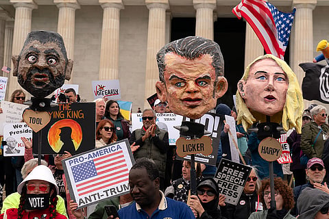 Demonstrators rally at the Lincoln Memorial during a "No Kings" protest in Washington, Saturday Oct. 17, 2026.