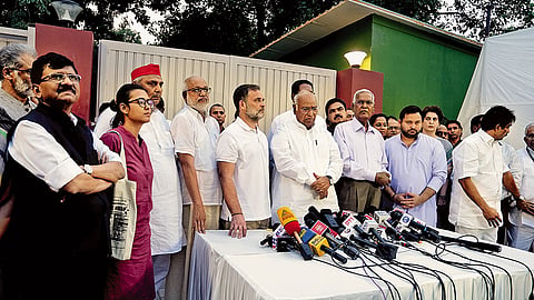 United Force: Opposition leaders gather for a press briefing outside Rahul Gandhi’s residence