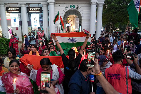 All India Mahila Congress President Alka Lamba leads a protest march demanding justice for the 2022 murder of 19-year-old Ankita Bhandari in Uttarakhand, at Connaught Place, in New Delhi, Sunday, Oct. 18, 2026.