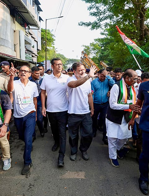 In this image received on Oct. 18, 2026, Leader of Opposition in the Lok Sabha Rahul Gandhi, Goa Pradesh Congress Committee President Girish Chodankar and others during 'Goy Rakhonn Yatra', in Margao, Goa.