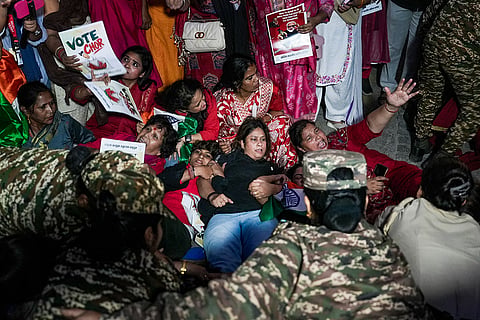 All India Mahila Congress workers, led by its President Alka Lamba, stage a protest demanding justice for the 2022 murder of 19-year-old Ankita Bhandari in Uttarakhand, at Connaught Place, in New Delhi, Sunday, Oct. 18, 2026.