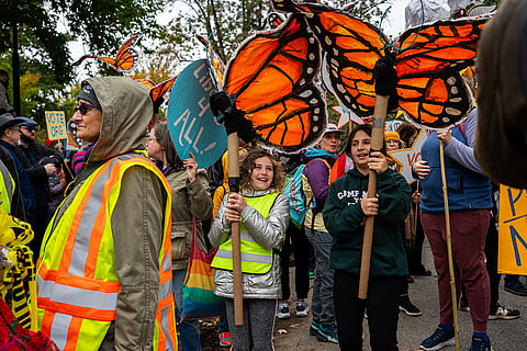 Protesters gather for a "No Kings" rally on Saturday, Oct. 17, 2026, in New York.