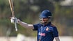 Photo: PTI/Shailendra Bhojak : Delhi's Priyansh Arya celebrates his half century during the Vijay Hazare Trophy 2025-26 cricket match between Andhra and Delhi, at BCCI Centre of Excellence Ground, in Bengaluru.