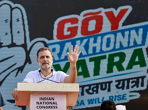 In this image received on Oct. 18, 2026, Leader of Opposition in the Lok Sabha Rahul Gandhi during 'Goy Rakhonn Yatra', in Margao, Goa.