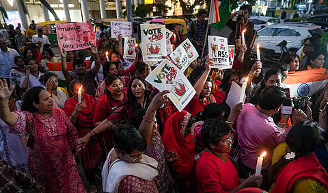 All India Mahila Congress workers, led by its President Alka Lamba, stage a protest demanding justice for the 2022 murder of 19-year-old Ankita Bhandari in Uttarakhand, at Connaught Place, in New Delhi, Sunday, Oct. 18, 2026.