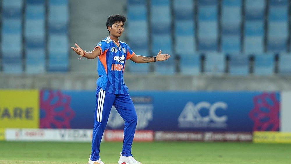 Shree Charani celebrating after a wicket during Women's Asia Cup 2026 India vs Sri Lanka final - | Photo: X/@BCCIWomen