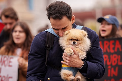 A man holds a dog as people shout slogans during a protest aiming to raise awareness to the violence and prejudice against women in Romanian society, in Bucharest, Romania, Saturday, Oct. 17, 2026.