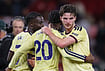 Nottingham Forest Vs Arsenal, Premier League 2026-27: Noni Madueke’s Late Winner Seals Gunners’ 1-0 Victory | Photo: AP/Maddy Grassy : Arsenal's Declan Rice, right, and Arsenal's Noni Madueke celebrates after the English Premier League soccer match between Nottingham Forest and Arsenal in Nottingham, England, Sunday, Oct. 18, 2026.