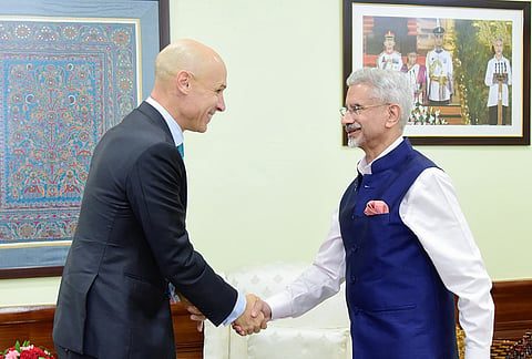 External Affairs Minister S Jaishankar during a meeting with SWIFT CEO Javier Perez-Tasso, in New Delhi. 
