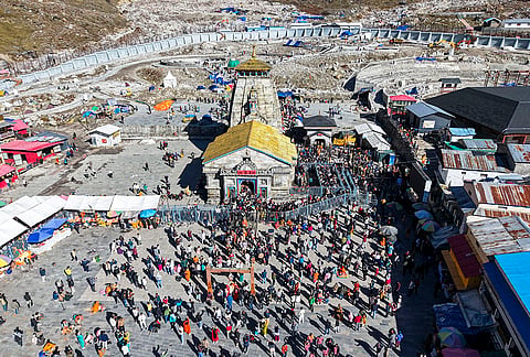 An aerial view of pilgrims at Kedarnath Temple, in Rudraprayag.
