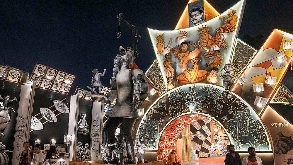 A Durga Puja pandal based on the theme of 'Abol Tabol', a collection of rhyming poems by poet Sukumar Ray, in Kolkata, Thursday, Oct. 15, 2026. 
 - | Photo: PTI/Swapan Mahapatra