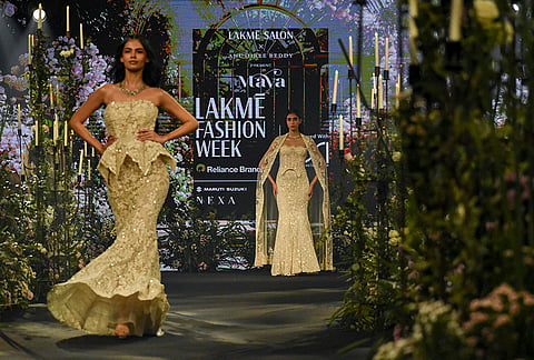 Models present designer Anushree Reddy's collection 'MAYA' during the Lakme Fashion Week x FDCI, in New Delhi, Friday, Oct. 16, 2026. 
