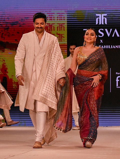 Bollywood actor Ali Fazal walks the ramp as showstopper for designer Tarun Tahiliani during the Lakme Fashion Week x FDCI, in New Delhi, late Thursday, Oct. 15, 2026. 
