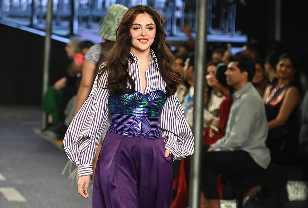 Bollywood actor Aneet Padda walks the ramp showcasing creations of Fashion Designer Amit Aggarwal during the Lakme Fashion Week x FDCI, in New Delhi, Saturday, Oct. 18, 2026. 
 - | Photo: PTI