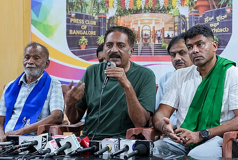 Actor and activist Prakash Raj addresses a press conference, in Bengaluru, Karnataka, Monday, Oct. 19, 2026. 
