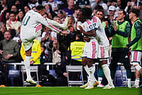 | Photo: AP/Manu Fernandez : Real Madrid's Kylian Mbappe, left, and Yan Diomande celebrate fourth goal during the La Liga soccer match between Real Madrid and Sevilla in Madrid, Spain, Sunday, Oct. 18, 2026. 