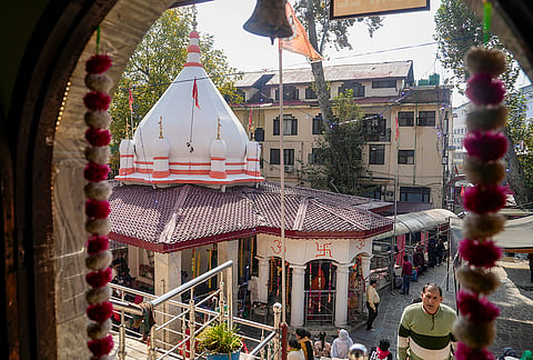 A view of Durga Nag Temple during the Navratri festival, in Srinagar. 