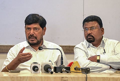 Union Minister Ramdas Athawale, left, addresses a press conference to release the manifesto ahead of the 2026 Nagpur Graduates’ Constituency election, in Nagpur.

