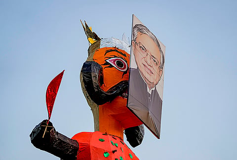 Indian Youth Congress (IYC) members install an effigy during a protest titled “Vote Chori Ki Raasleela”, at the IYC office in New Delhi, Monday, Oct. 19, 2026. 
