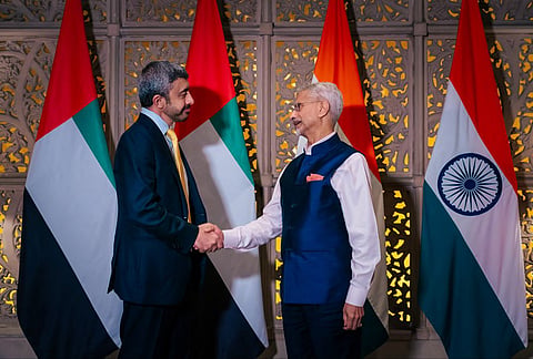 Union External Affairs Minister S Jaishankar welcomes UAE Deputy Prime Minister and Foreign Minister Sheikh Abdullah bin Zayed Al Nahyan, in Mumbai, Maharashtra. 