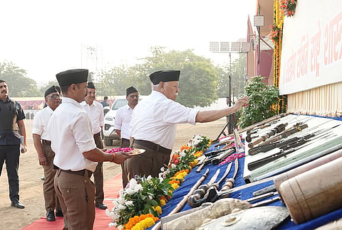 RSS Sarsanghchalak Mohan Bhagwat performs 'shastra puja' (weapon worship) at RSS' Vijayadashami Utsav, in Nagpur, Maharashtra. 