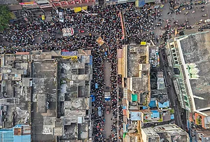 | Photo: PTI : People gather during the 'Bhor Ki Shringar Chowki' religious procession, on the occasion of the 'Dussehra' festival, in Prayagraj, Uttar Pradesh.