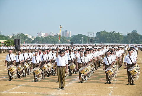 Rashtriya Swayamsevak Sangh (RSS) volunteers march during Vijayadashami festival, in Nagpur.
