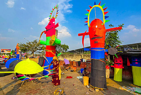 An artist prepares effigies of demon king Ravan, Kumbhkaran and Meghnad ahead of Dussehra festival, in Ajmer, Monday, Oct. 19, 2026. 
