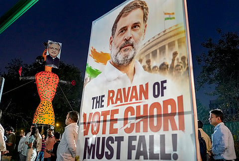 Indian Youth Congress (IYC) members burn an effigy during a protest titled “Vote Chori Ki Raasleela”, at the IYC office in New Delhi, Monday, Oct. 19, 2026. 
