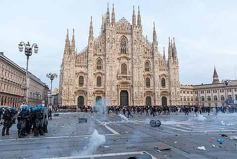 Protesters gather to demonstrate against the high cost of living, in Milan Saturday Oct. 17, 2026. 
