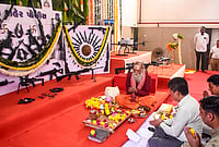 | Photo: PTI : Police personnel perform a ritual during ‘Shastra Puja’ on 'Vijayadashami' (Dussehra), tenth day marking the conclusion of 'Navaratri' festival, in Surat, Gujarat.
