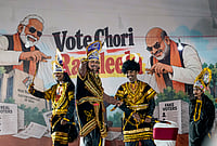 In Photos: IYC Performs 'Vote Chori Ki Raasleela' In Protest Against CEC | Photo: PTI/Ravi Choudhary : Artists perform during a protest titled “Vote Chori Ki Raasleela” by Indian Youth Congress (IYC), at the IYC office in New Delhi, Monday, Oct. 19, 2026.