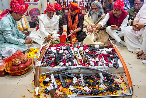 Andaman and Nicobar islands Lieutenant Governor Dinesh Sharma performs Shahstra Puja during Vijaydashmi festival, in Lucknow, Tuesday, Oct. 20, 2026. 