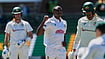 Themba Hadebe/X : South Africa's Kagiso Rabada. Centre, celebrates the wicket of Australia's Mitchell Starc, on day four of the second cricket test match between South Africa and Australia, in Gqeberha, South Africa.