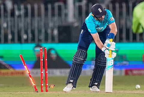 England's Joe Root is bowled out by Pakistan's Naseem Shah during the tri-series one-day international cricket match between Pakistan and England, in Rawalpindi, Pakistan, Tuesday, Oct. 20, 2026. 
