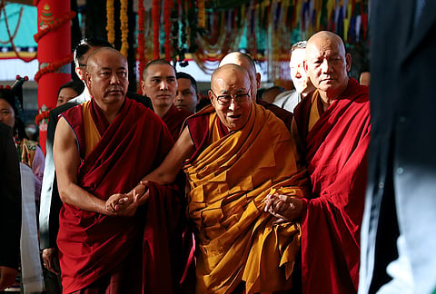 Tibetan spiritual leader Dalai Lama arrives at the Main Tibetan Temple to attend a prayer gathering, in McLeod Ganj, Himachal Pradesh.
