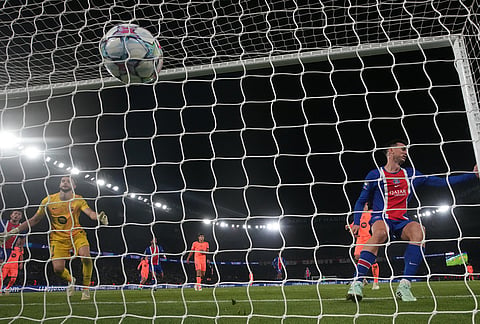 PSG's Fabian Ruiz scores their fourth goal during the Champions League opening phase soccer match between Paris Saint-Germain and FC Barcelona in Paris, Tuesday, Oct. 20, 2026.