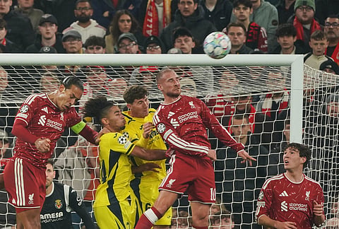 Liverpool's Alexis Mac Allister (10) scores his side's opening goal during the Champions League opening phase soccer match between Liverpool and Villarreal in Liverpool, England, Tuesday, Oct. 20, 2026. 