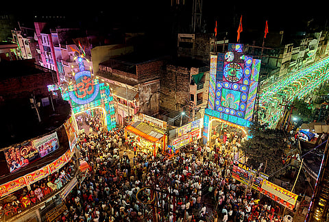 An aerial view of an illuminated street during the 'Ram Dal Mela' on the occasion of the 'Dussehra' festival, in Prayagraj, Uttar Pradesh.

